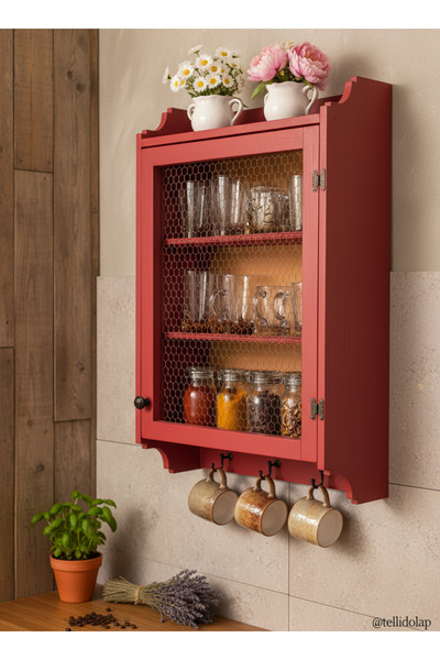 BG WOOD Masif Ahşap Country Mutfak Dolabı – Telli Kapaklı ve Fincan Askılı Dekoratif Raflı Dolap