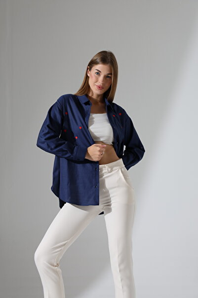 Corradeo Giyim Plus Size-Oversize Striped Poplin Fabric Heart Embroidery Detailed Epaulet Design Shirt
