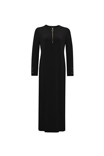 MISS DALIDA Yakası Fermuarlı Triko Uzun Siyah Elbise