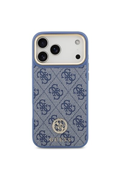 Guess Husă pentru iPhone 17 Pro Max, logo 4G Strass cu curea mare cu buton metalic MagSafe, albastră