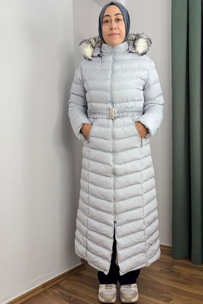 Thiff Women's Grey Hat Belted Long Puffer Coat