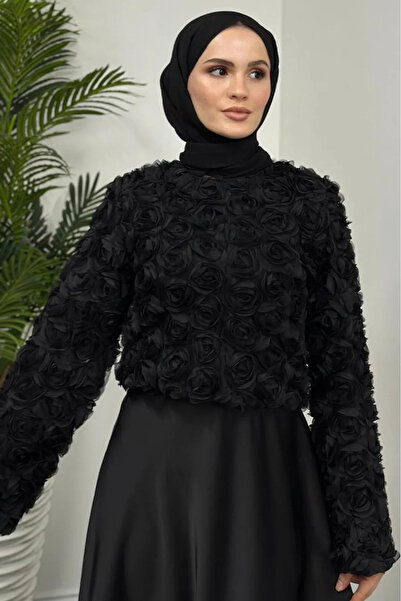 Tesettür Diyarı Gül Detaylı Şık Bluz- Siyah