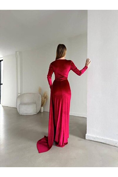 Modafeminen Velvet Stretch Fabric Double Breasted Neckline Front Sleeve Pearl Detailing Tailored Evening Dress 582324 Red