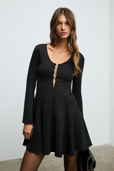 GRIMELANGE Marivena Women's V-Neck Collar with Agraf Detail Long Spanish Sleeve Mini Black Dress with Slit at the Sleeve End