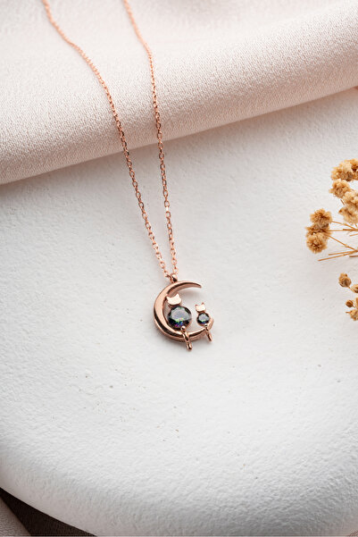 ESSARE 925 Ayar Gümüş Rose Kaplama Mistik Topaz Taşlı Kedili Hilal Kolye