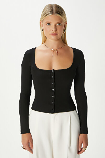 Ritnice Women's Jesse U-Neck Buttoned Long Sleeve Black Corduroy Cotton Blouse