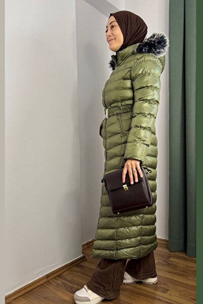 Thiff Women's Khaki Hat Belted Long Puffer Coat