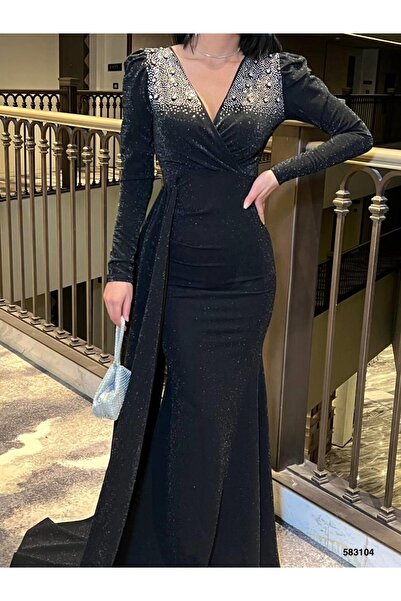 Modafeminen Stretchy Glitter Fabric Double Breasted Front Stone Detailed Tailored Evening Dress 583104 Black