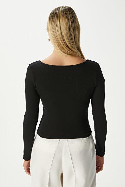 Ritnice Women's Jesse U-Neck Buttoned Long Sleeve Black Corduroy Cotton Blouse