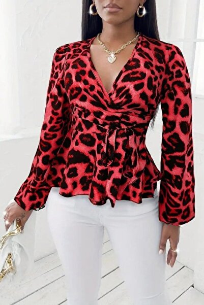 Mossta Long Sleeve Double Breasted Collar Leopard Print Single Jersey Blouse - Red