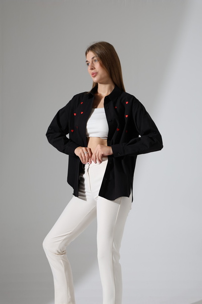 Corradeo Giyim Plus Size-Oversize Striped Poplin Fabric Heart Embroidery Detailed Epaulet Design Shirt