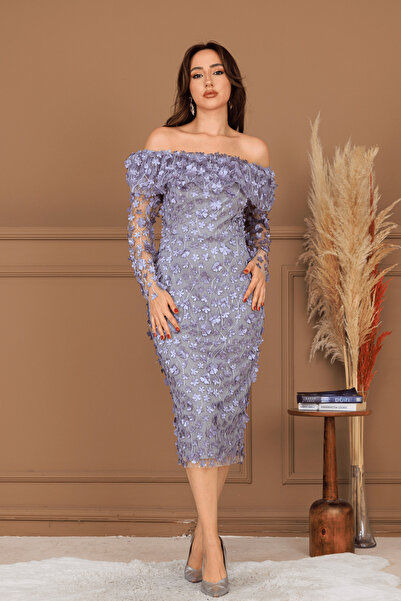 BEYBOS Rochie creion cu gât barcă din țesătură florală în trei dimensiuni - GRI