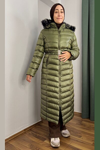 Thiff Women's Khaki Hat Belted Long Puffer Coat