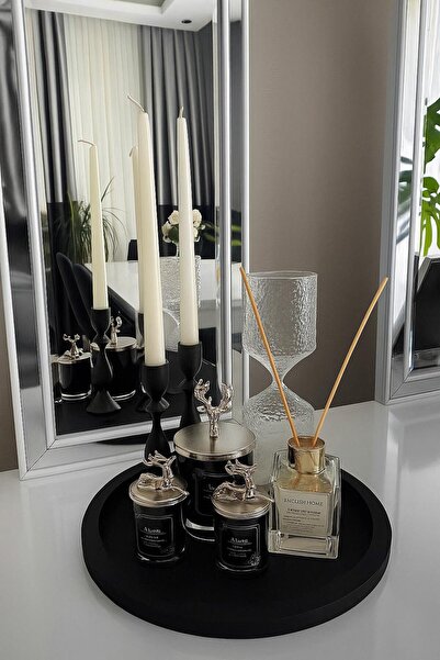 RATTAN CONCEPT Siyah Yuvarlak Model Dekorasyon Düzenleyici Ahşap Tepsi (28CM)