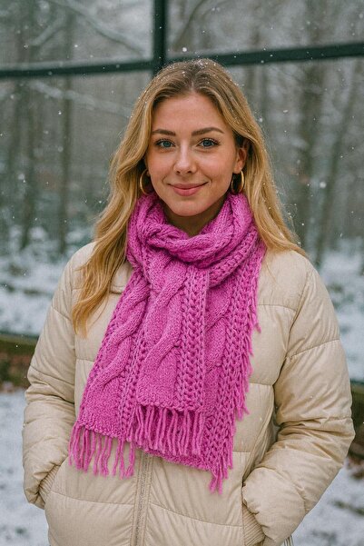 Axesoire 14810 Saçaklı Geniş Örgülü Fuşya Yumuşak Dokulu Triko Atkı 30x180 cm