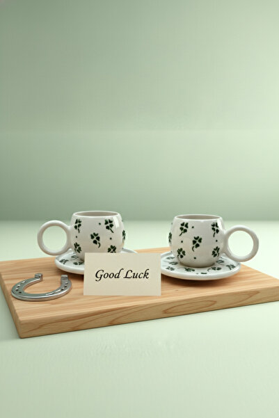 Home Şans Kupası Yonca Kabartmalı 2'li El Yapımı Ece Tabaklı Kupa Takımı– Kahve & Çay Fincanı Mug