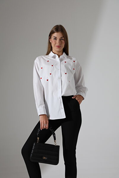Corradeo Giyim Plus Size-Oversize Striped Poplin Fabric Heart Embroidery Detailed Epaulet Design Shirt