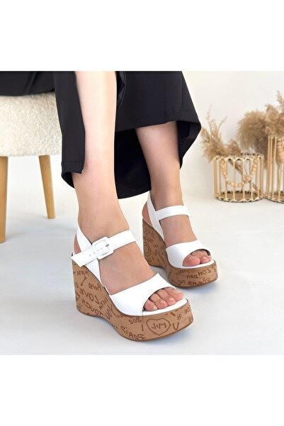 Selma Butik Riboy White Skin Wedge Heel Sandals