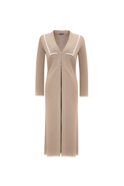 MISS DALIDA Yaka Detaylı Agraflı Taş Rengi Uzun Hırka