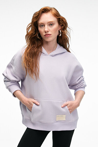 GRIMELANGE Clarie Women's Organic Cotton Oversize Kangaroo Pocket Hooded Lilac Sweatshirt