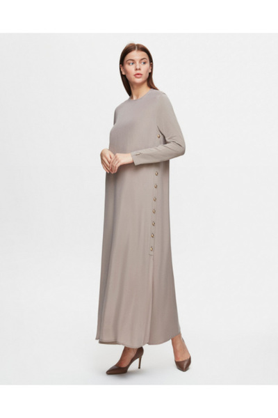 MISS DALIDA T25Y-4052 Yanları Düğmeli Cupro Elbise 1147-STONE