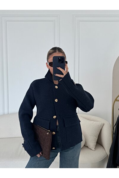 HW Hills Woman Kadın Marka Model Gold Düğmeli Cepli Polo Yaka Hırka