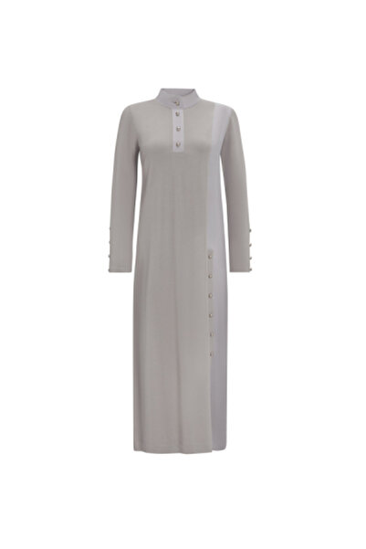 MISS DALIDA Dik Yaka Düğme Detaylı Gri Elbise