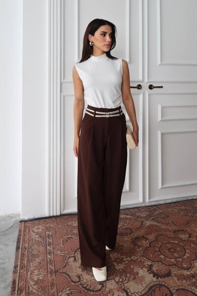 VAGGON Kadın Kahverengi Çift Kemerli Palazzo Pantolon Vs01377