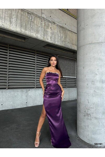 Modafeminen فستان سهرة من الساتان بتفاصيل حجرية بدون حمالات 583191 أرجواني