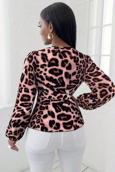 Mossta Μακρυμάνικη μπλούζα με λεοπάρ στάμπα διπλό πέτο με λαιμόκοψη - ροζ