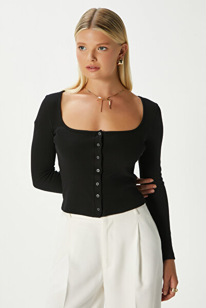 Ritnice Women's Jesse U-Neck Buttoned Long Sleeve Black Corduroy Cotton Blouse