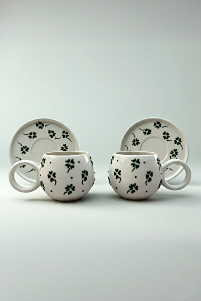 Home Şans Kupası Yonca Kabartmalı 2'li El Yapımı Ece Tabaklı Kupa Takımı– Kahve & Çay Fincanı Mug