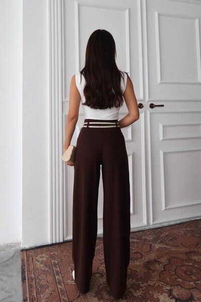 VAGGON Kadın Kahverengi Çift Kemerli Palazzo Pantolon Vs01377