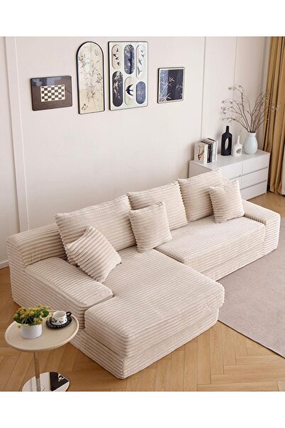 JOJO HOME Serenity Velvet Sofa, HD Foam, L x W x H: 270 x 170 x 70cm, Cream