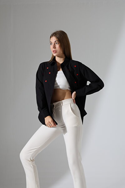 Corradeo Giyim Plus Size-Oversize Striped Poplin Fabric Heart Embroidery Detailed Epaulet Design Shirt