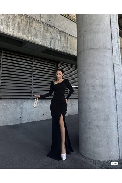 Modafeminen Esnek Simli Kumaş Kayık Yaka Omuz Taş Detaylı Yırtmaçlı Abiye Elb...