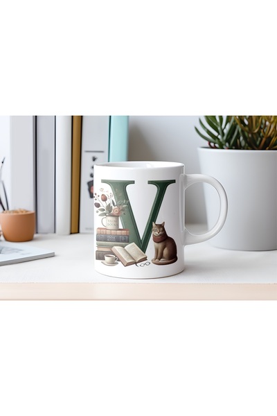 Beramussa Mug with Letter V Cat and Books Figures - Special for Book and Cat Lovers - Spiritual Gift