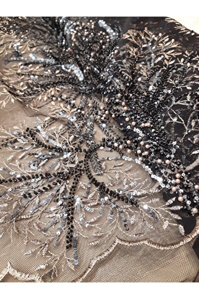 Safir Kumaş Siyah Vizon Antrasit Renk Taş Ve Boncuk İşlemeli Dantel 1.60 cm