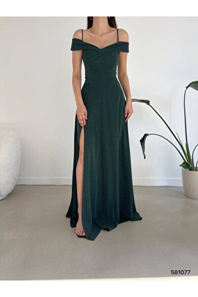 Modafeminen Simli Esnek Kumaş V Yaka Omuz Detaylı Yırtmaçlı Abiye Elbise 5810...