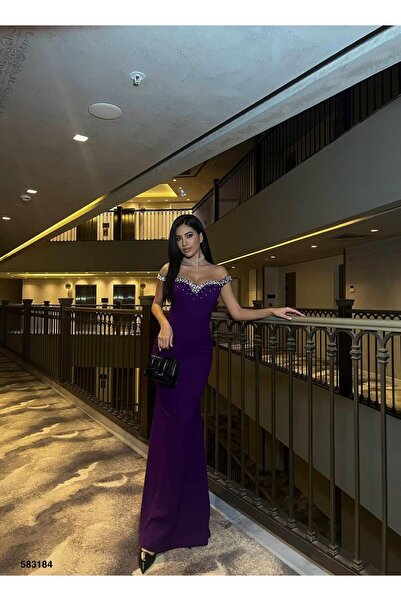 Modafeminen فستان سهرة من قماش الكريب المرن بتفاصيل لؤلؤية على الأكمام 583184...