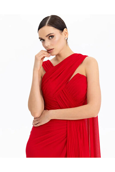 Donatella Heart Neck Draped Chiffon Evening Dress