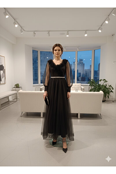 Robes Büyük Beden Siyah Tül Abiye Elbise Uzun Tesettür Söz Nişan Mezuniyet Elbisesi Fırfırlı Yaka-554