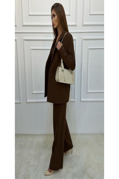 EFSUN MODA KADIN KAHVERENGİ BLAZER CEKET YELEK PANTOLON TAKIM ELBİSE 3LÜ