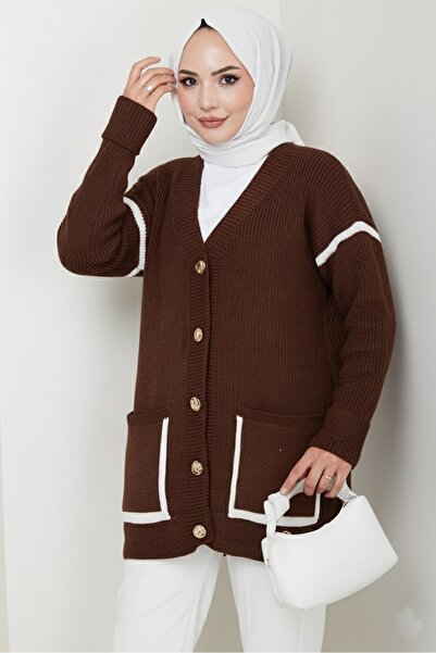 Bestenur Πλεκτή ζακέτα με κουμπιά 1597 - Καφέ
