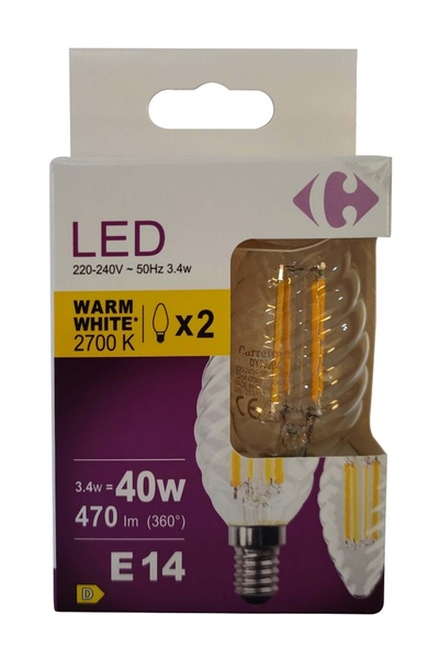 Carrefour Home Set of 2 Carrefour LED bulbs, E14, 3.4 W (40 W), 470 lm, 2700 K, Warm white