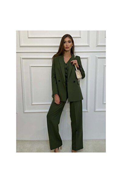 EFSUN MODA KADIN HAKİ BLAZER CEKET YELEK PANTOLON TAKIM ELBİSE 3LÜ