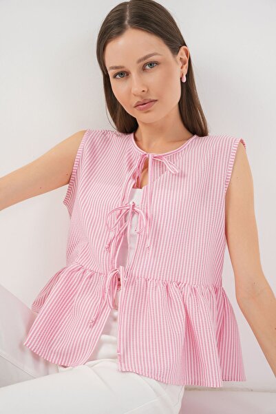 Hiccup Bdart Lace-Up Striped Textured Blouse