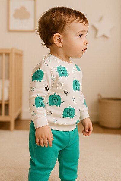 dinamik çocuk Baby Boy/Child Elephant Patterned 2-Piece Set Sweatshirt and Sweatpants 6-9-12-18Months