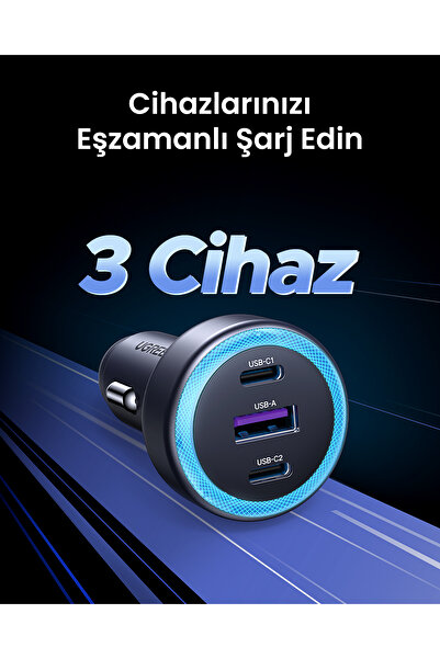 Ugreen 30W 3 Portlu Araç İçi Şarj Cihazı Çakmaklık Adaptörü, 45843
