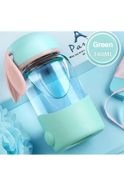 OEM Sticla de apa cu capac tip ureche si baza din silicon, design pastel, Verde